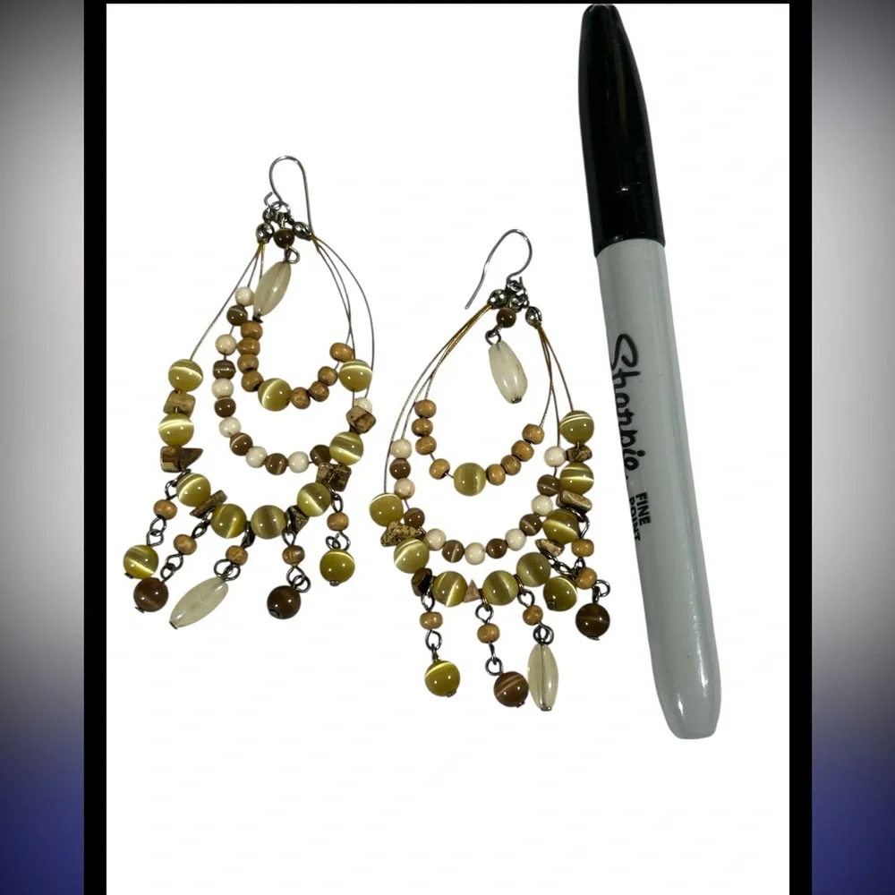 Boho Chandelier Earrings‎ - Natural Tiger’s Eye & Green Cat-Eye Stones